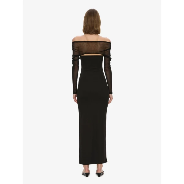 Christopher Esber Orbit Ruched Sheer Rib Column Dress in Black | Maxi Dresses | Luxury Shoes 