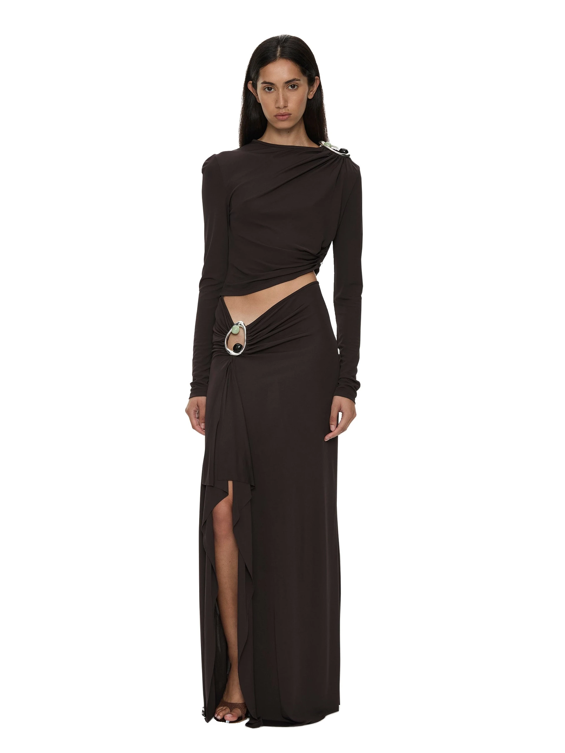 Christopher Esber Orica Crystal Cascade Jersey Skirt in Molasses Christopher Esber Orica Crystal Cascade Jersey Skirt in Molasses | Skirts | Luxury Shoes