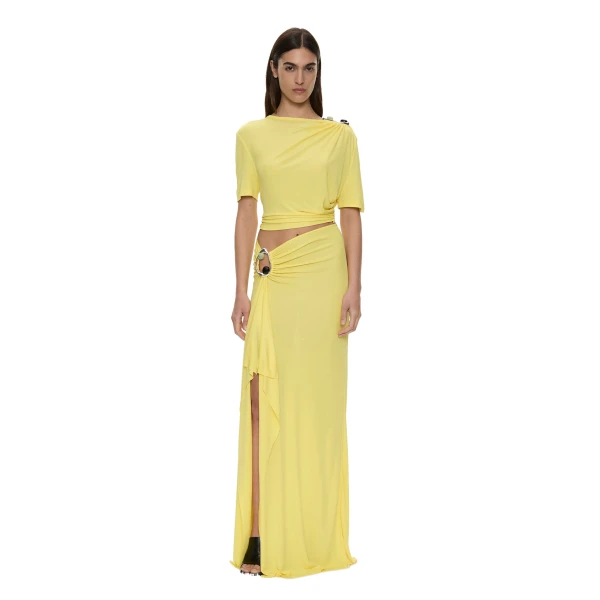 Christopher Esber Orica Crystal Cascade Jersey Skirt in Targa Yellow | Skirts | Luxury Shoes 