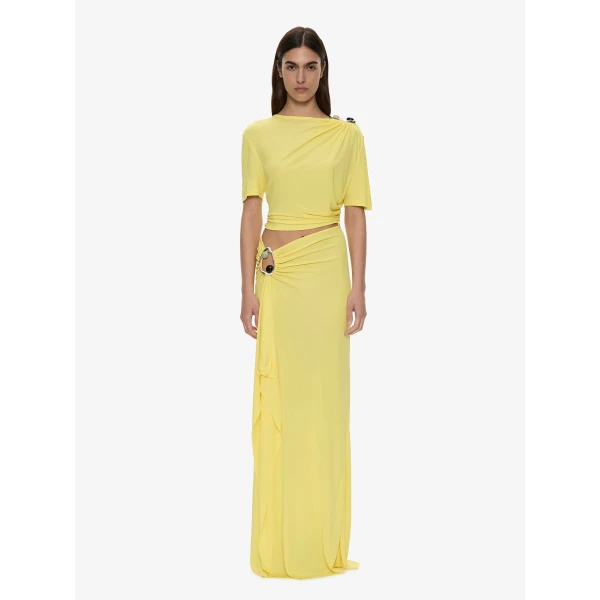 Christopher Esber Orica Crystal Ruched Jersey Tee in Targa Yellow | T-shirts | Luxury Shoes 