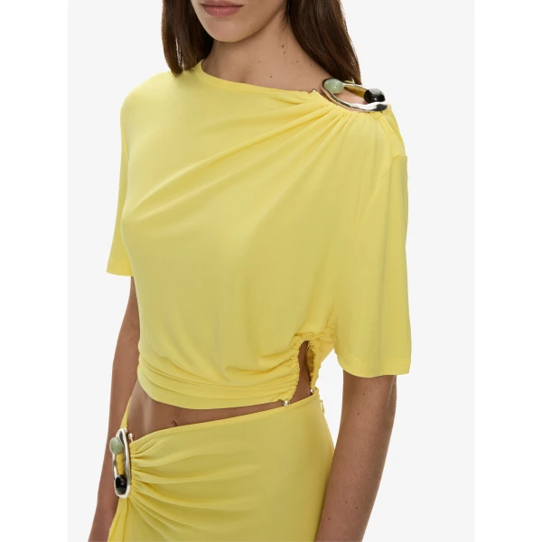 Christopher Esber Orica Crystal Ruched Jersey Tee in Targa Yellow | T-shirts | Luxury Shoes 