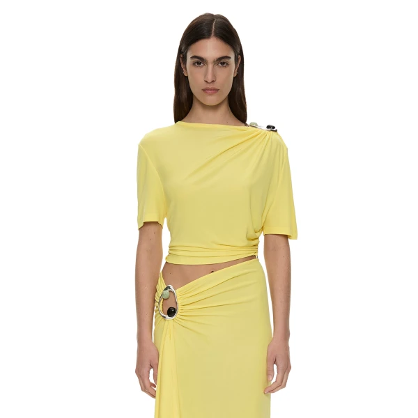 Christopher Esber Orica Crystal Ruched Jersey Tee in Targa Yellow | T-shirts | Luxury Shoes 