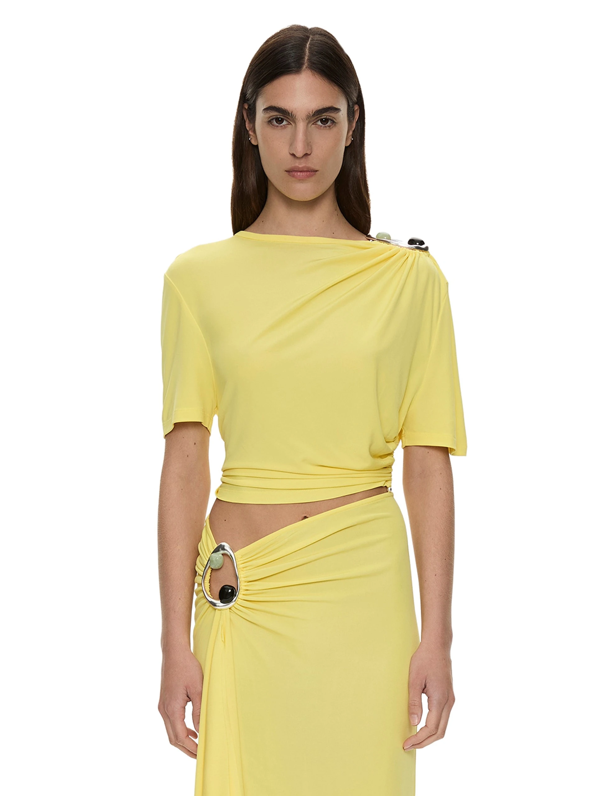 Christopher Esber Orica Crystal Ruched Jersey Tee in Targa Yellow Christopher Esber Orica Crystal Ruched Jersey Tee in Targa Yellow | T-shirts | Luxury Shoes