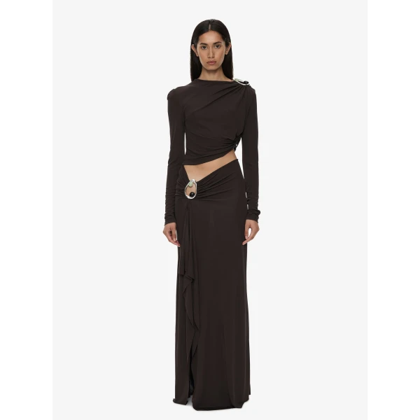 Christopher Esber Orica Crystal Ruched Long Sleeve Top in Molasses | Long Sleeve | Luxury Shoes 