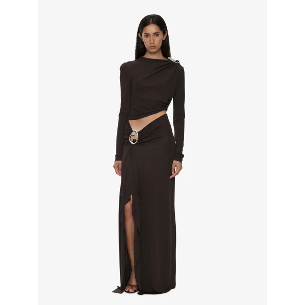 Christopher Esber Orica Crystal Ruched Long Sleeve Top in Molasses | Long Sleeve | Luxury Shoes 
