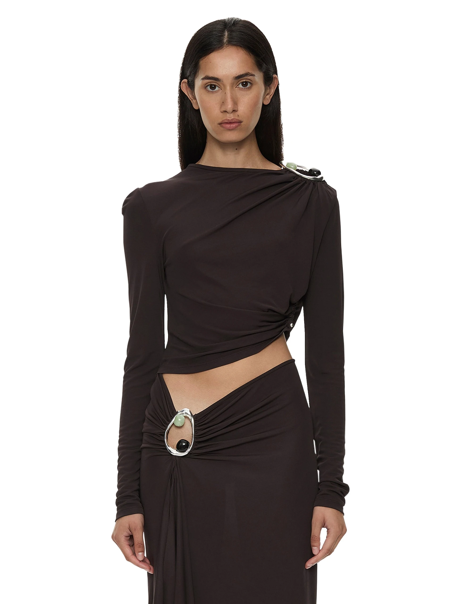 Christopher Esber Orica Crystal Ruched Long Sleeve Top in Molasses Christopher Esber Orica Crystal Ruched Long Sleeve Top in Molasses | Long Sleeve | Luxury Shoes