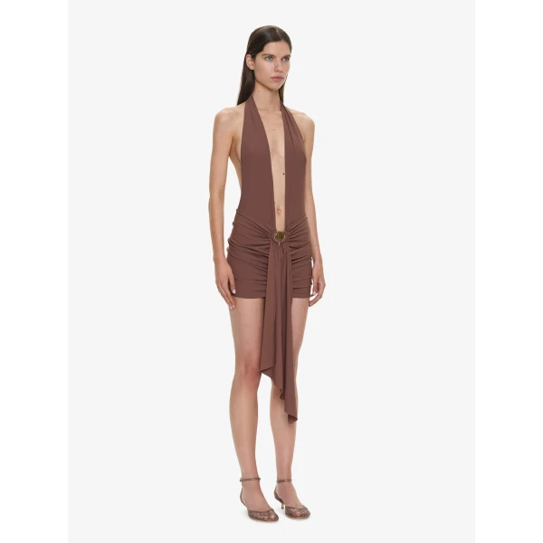 Christopher Esber Pierced Orbit Halter Drape Mini Dress in Husk Brown | Mini Dresses | Luxury Shoes 