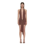 Christopher Esber Pierced Orbit Halter Drape Mini Dress in Husk Brown | Mini Dresses | Luxury Shoes 