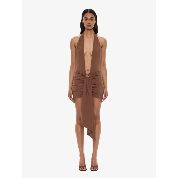 Christopher Esber Pierced Orbit Halter Drape Mini Dress in Husk Brown | Mini Dresses | Luxury Shoes 