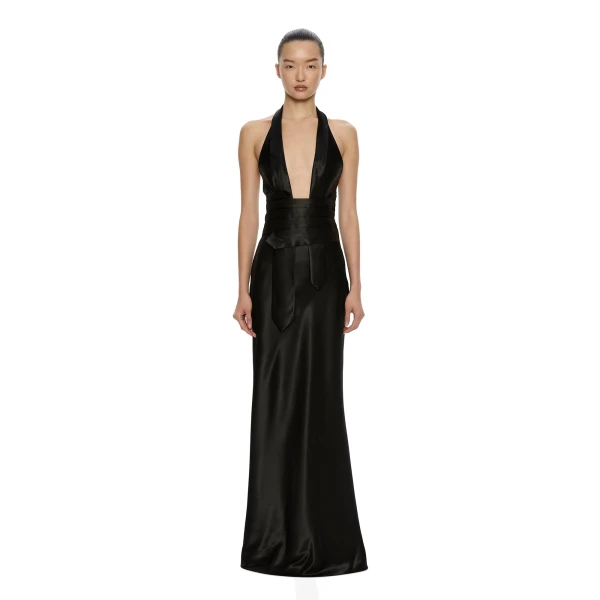 Christopher Esber Reyer Satin Tie Gown in Black | Evening Gowns | Luxury Shoes 