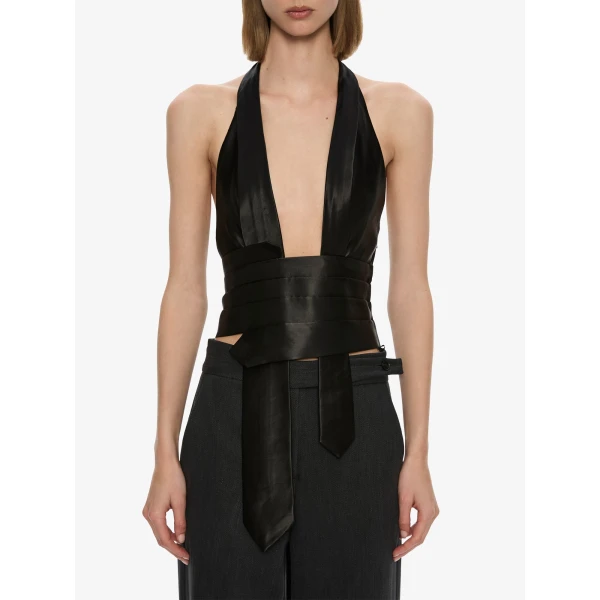 Christopher Esber Reyer Satin Tie Top in Black | Tops | Luxury Shoes 