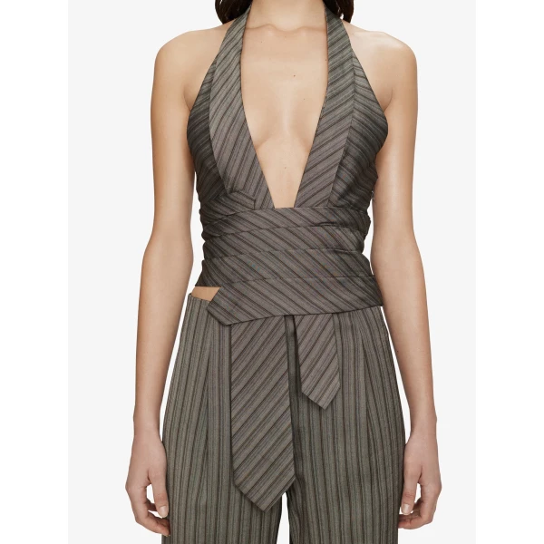 Christopher Esber Reyer Tailored Tie Top in Graphite Stripe | Tops | Luxury Shoes 