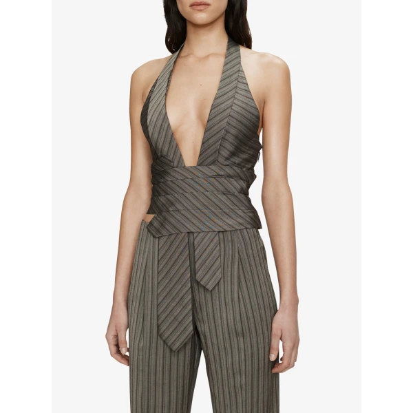 Christopher Esber Reyer Tailored Tie Top in Graphite Stripe | Tops | Luxury Shoes 