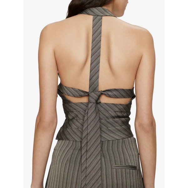 Christopher Esber Reyer Tailored Tie Top in Graphite Stripe | Tops | Luxury Shoes 