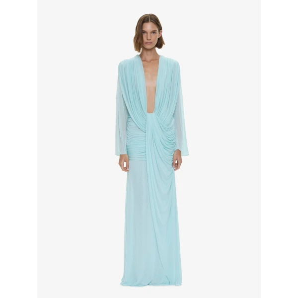 Christopher Esber Ripple Drape Long Sleeve Gown in Mystic Mint | Evening Gowns | Luxury Shoes 