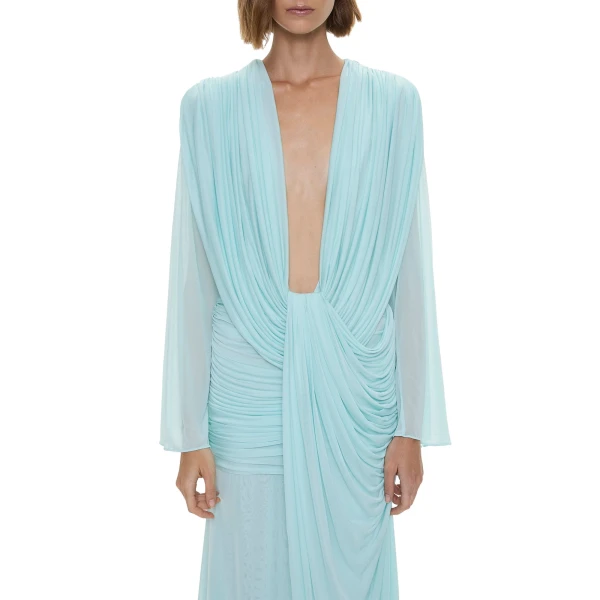 Christopher Esber Ripple Drape Long Sleeve Gown in Mystic Mint | Evening Gowns | Luxury Shoes 
