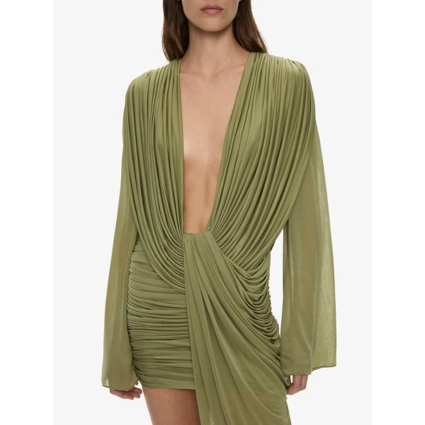 Christopher Esber Ripple Drape Long Sleeve Mini Dress in Fennel | Mini Dresses | Luxury Shoes 