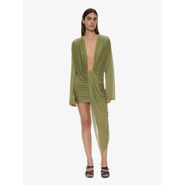 Christopher Esber Ripple Drape Long Sleeve Mini Dress in Fennel | Mini Dresses | Luxury Shoes 