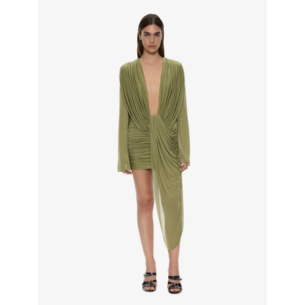 Christopher Esber Ripple Drape Long Sleeve Mini Dress in Fennel | Mini Dresses | Luxury Shoes 