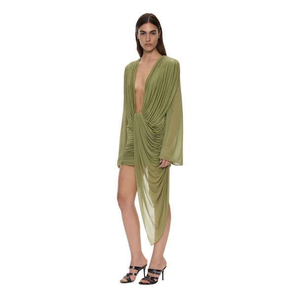 Christopher Esber Ripple Drape Long Sleeve Mini Dress in Fennel | Mini Dresses | Luxury Shoes 