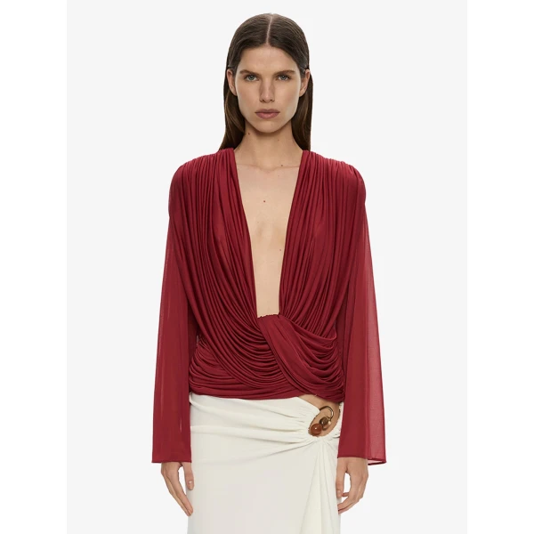 Christopher Esber Ripple Drape Long Sleeve Top in Wine | Long Sleeve | Luxury Shoes 