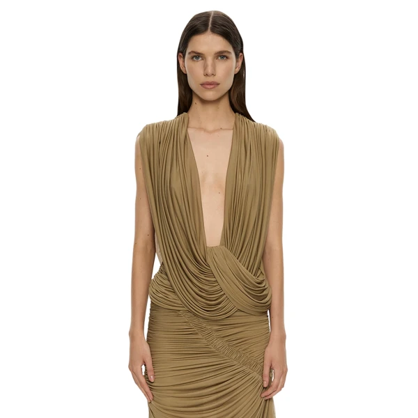 Christopher Esber Ripple Drape Top in Khaki | Tops | Luxury Shoes 