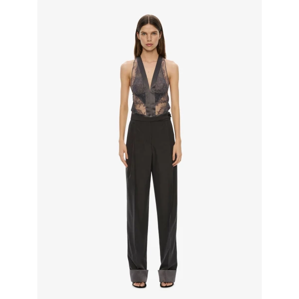 Christopher Esber Rowan Sateen Cuffed Trouser in Dark Smoke | Pants | Luxury Shoes 
