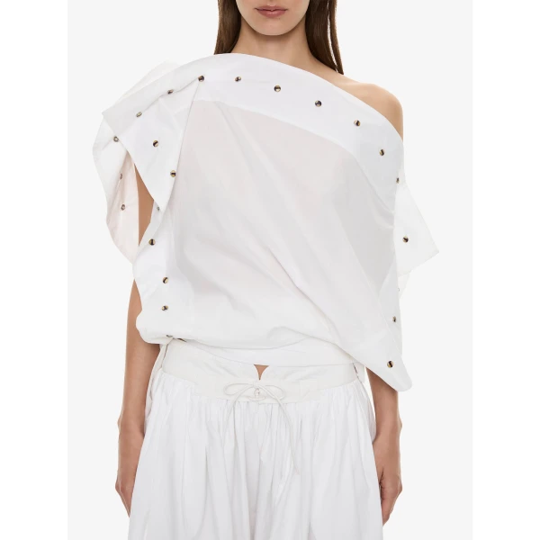 Christopher Esber Spiral Stone Snap Poplin Top in White | Shirts | Luxury Shoes 