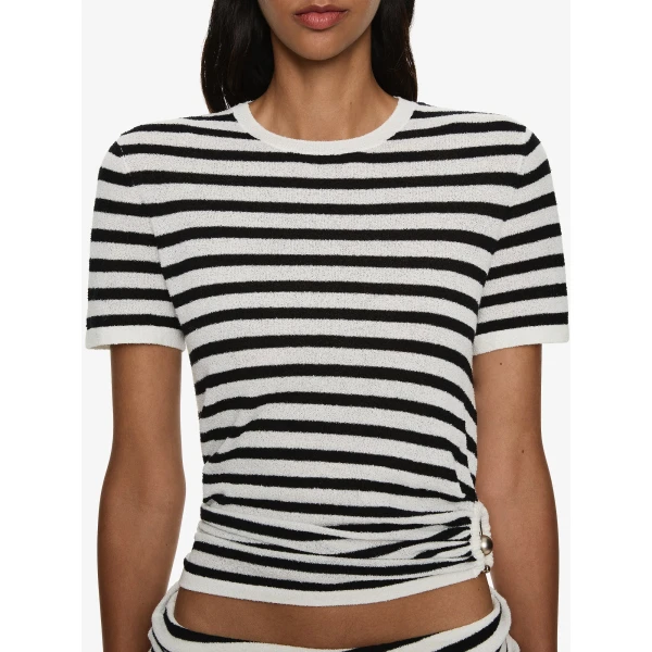 Christopher Esber Stripe Knit Ruched Orbit Tee in Black White Stripe | Sweaters | Luxury Shoes 