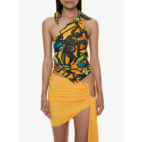 Christopher Esber Tropic Nouveau Scarf Tie Top in Orange Tropic Nouveau Print | Tops | Luxury Shoes 