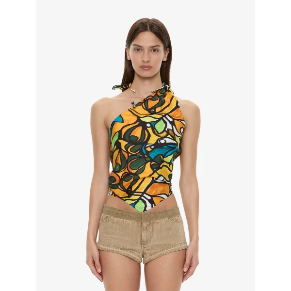 Christopher Esber Tropic Nouveau Scarf Tie Top in Orange Tropic Nouveau Print | Tops | Luxury Shoes 