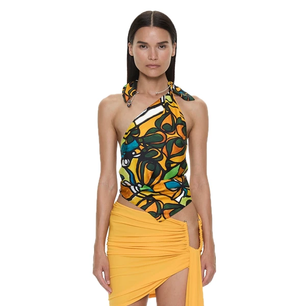 Christopher Esber Tropic Nouveau Scarf Tie Top in Orange Tropic Nouveau Print | Tops | Luxury Shoes 