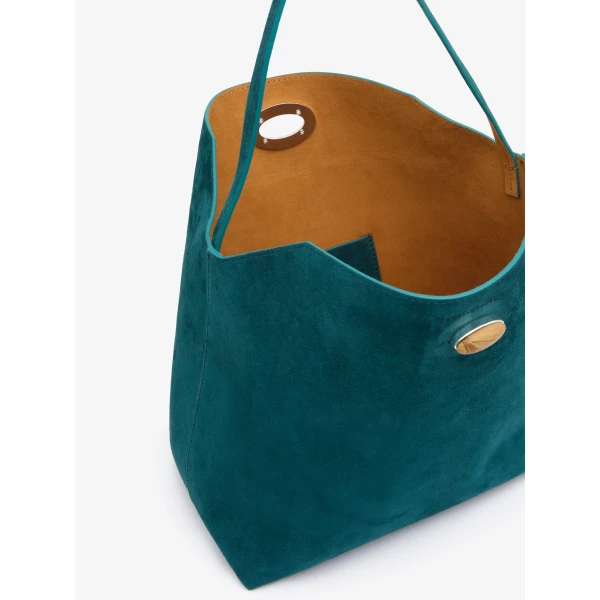 Christopher Esber Turnlock Suede Shoulder Bag in Caspian Green Tan | Shoulder & Crossbody Bags | Luxury Shoes 
