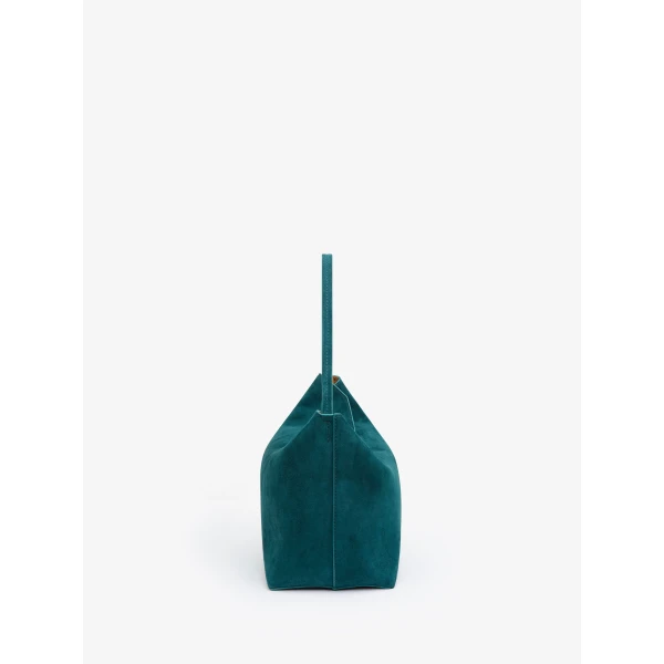 Christopher Esber Turnlock Suede Shoulder Bag in Caspian Green Tan | Shoulder & Crossbody Bags | Luxury Shoes 