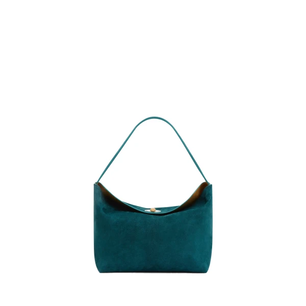 Christopher Esber Turnlock Suede Shoulder Bag in Caspian Green Tan | Shoulder & Crossbody Bags | Luxury Shoes 