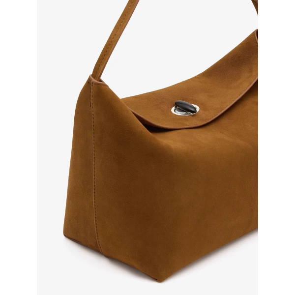 Christopher Esber Turnlock Suede Shoulder Bag in Russet | Shoulder & Crossbody Bags | Luxury Shoes 