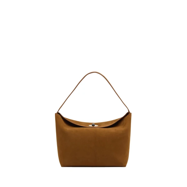 Christopher Esber Turnlock Suede Shoulder Bag in Russet | Shoulder & Crossbody Bags | Luxury Shoes 