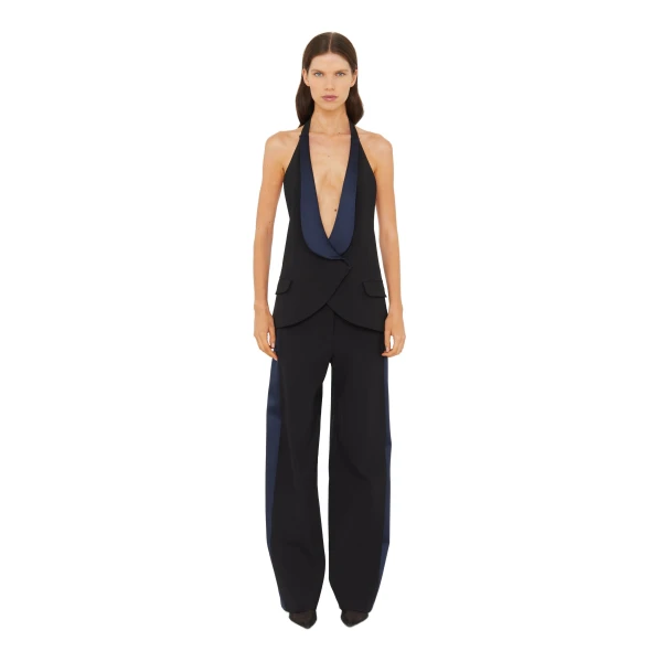 Tuxedo Contrast Wool Trouser in Black Ink