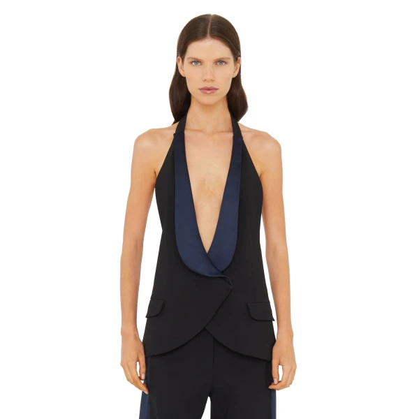 Tuxedo Contrast Wool Vest in Black Ink