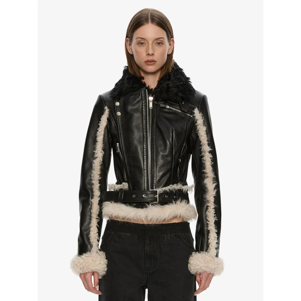 Christopher Esber Tyler Shearling Biker Jacket in Black Cream | Shearling Jackets | Luxury Shoes 