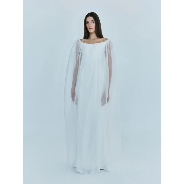 Christopher Esber Vapour Overlay Silk Gown in White | Evening Gowns | Luxury Shoes 