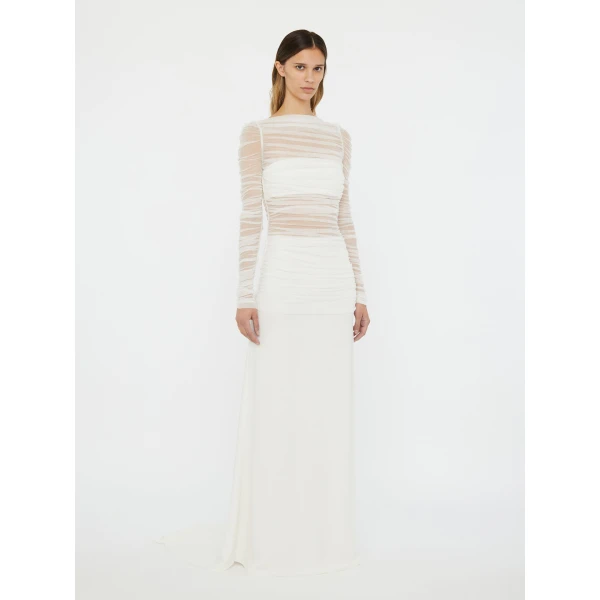 Christopher Esber Veiled Tulle Overlay Gown in White | Evening Gowns | Luxury Shoes 