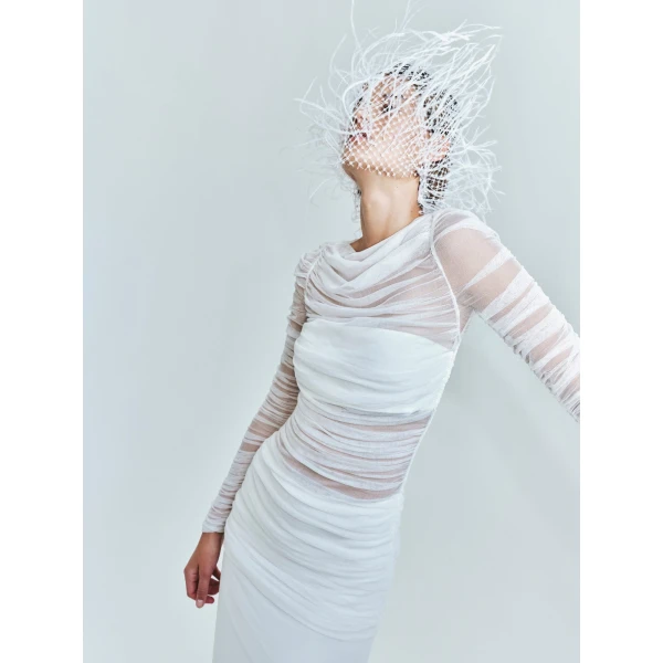 Christopher Esber Veiled Tulle Overlay Gown in White | Evening Gowns | Luxury Shoes 