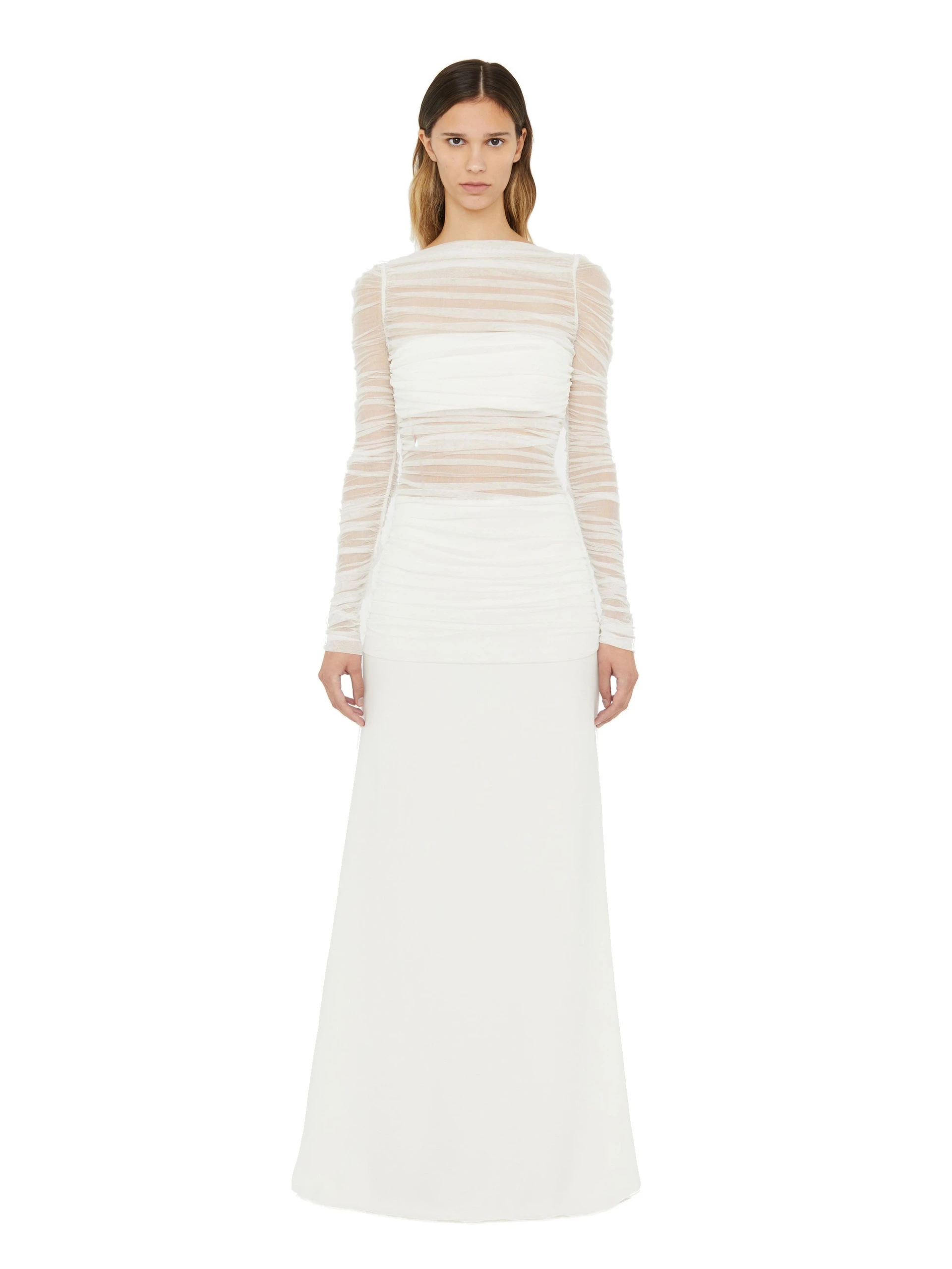 Christopher Esber Veiled Tulle Overlay Gown in White Christopher Esber Veiled Tulle Overlay Gown in White | Evening Gowns | Luxury Shoes