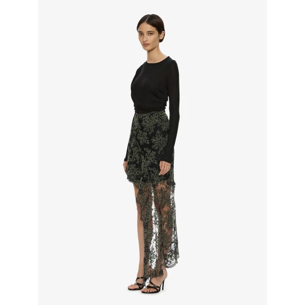 Christopher Esber Verve Twisted Tee Lace Long Sleeve Dress in Fennel Black | Dresses | Luxury Shoes 