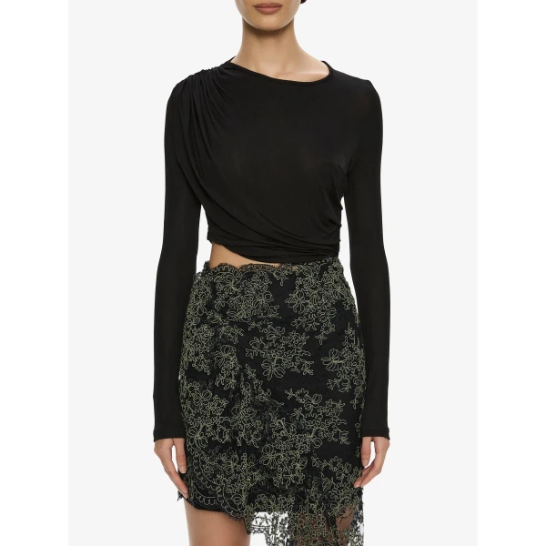 Christopher Esber Verve Twisted Tee Lace Long Sleeve Dress in Fennel Black | Dresses | Luxury Shoes 