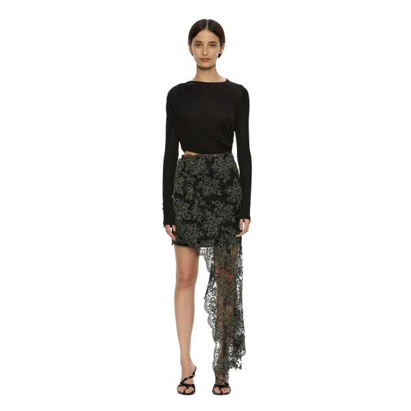 Christopher Esber Verve Twisted Tee Lace Long Sleeve Dress in Fennel Black | Dresses | Luxury Shoes 