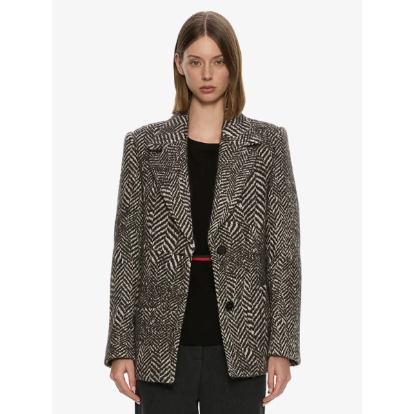 Christopher Esber Warped Herringbone Peacoat in Charcoal White | Coats | Luxury Shoes 