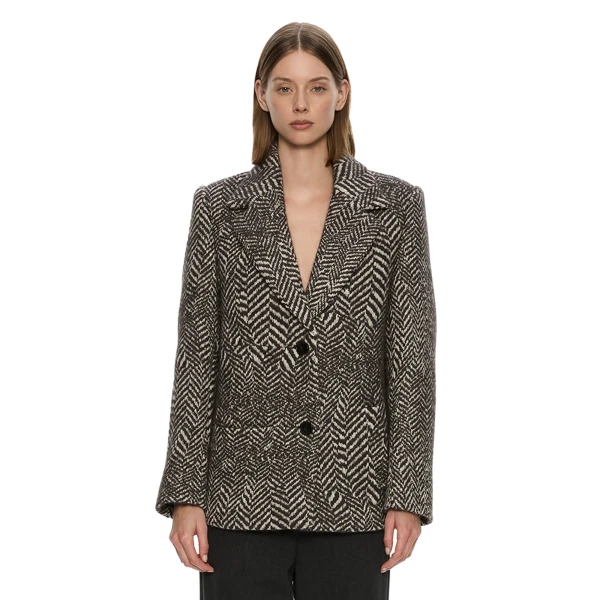 Warped Herringbone Peacoat in Charcoal White