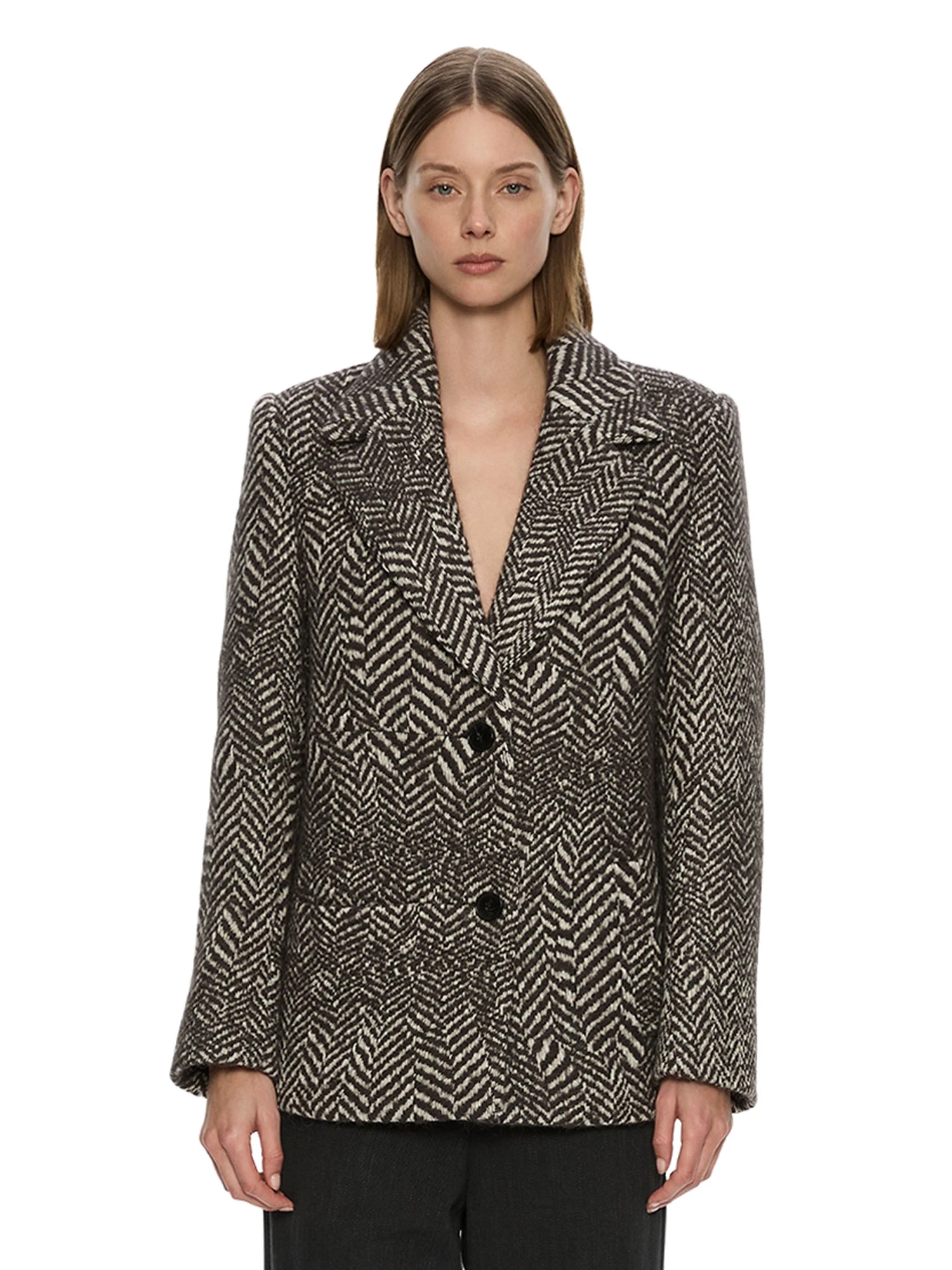 Christopher Esber Warped Herringbone Peacoat in Charcoal White Christopher Esber Warped Herringbone Peacoat in Charcoal White | Coats | Luxury Shoes